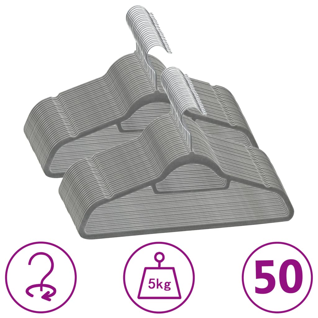 Vidaxl – Set Of 50 Robust Gray Velvet-Coated Clothes Hangers With Rotatable Hook And Non-Slip Notches