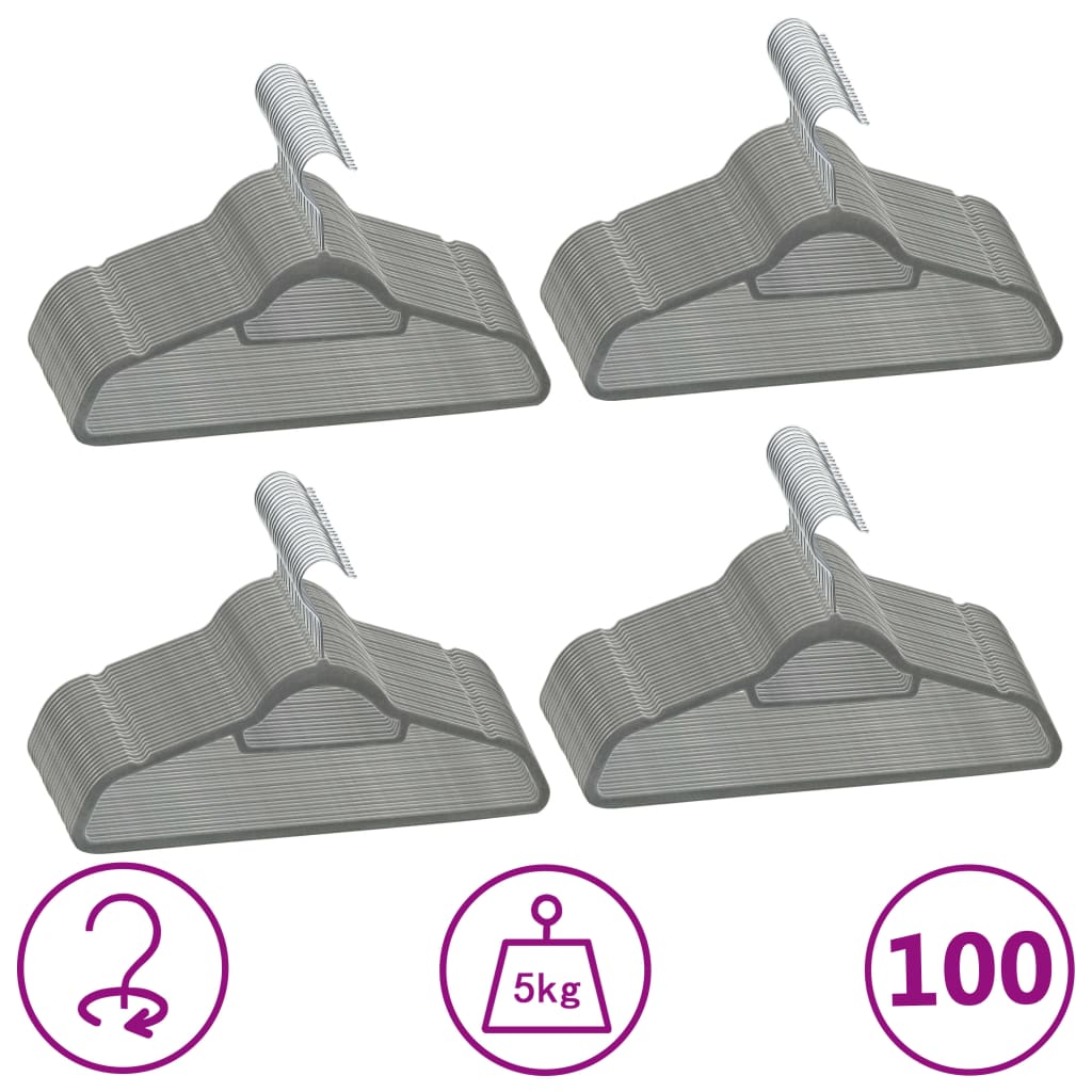 Vidaxl Velvet Clothes Hangers Set – Package Of 100, Anti-Slip Features, Heavy Duty, 360-Degree Rotatable Hook, Gray