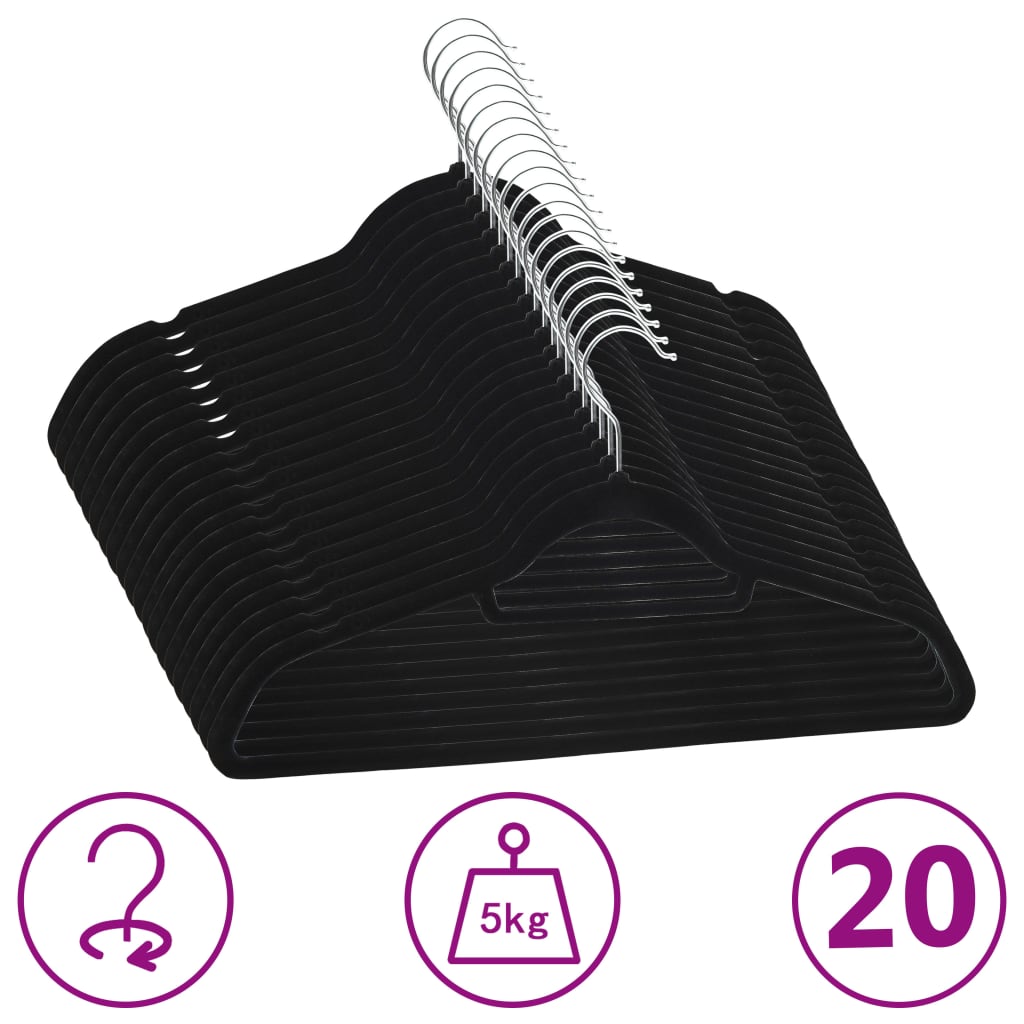 Vidaxl 20 Pcs Clothes Hanger Set - Anti-Slip Black Velvet Hangers With 360-Degree Rotatable Hooks, Non-Slip Notches, Sturdy Abc Plastic/Zinc Alloy Material, Practical Trouser Bar