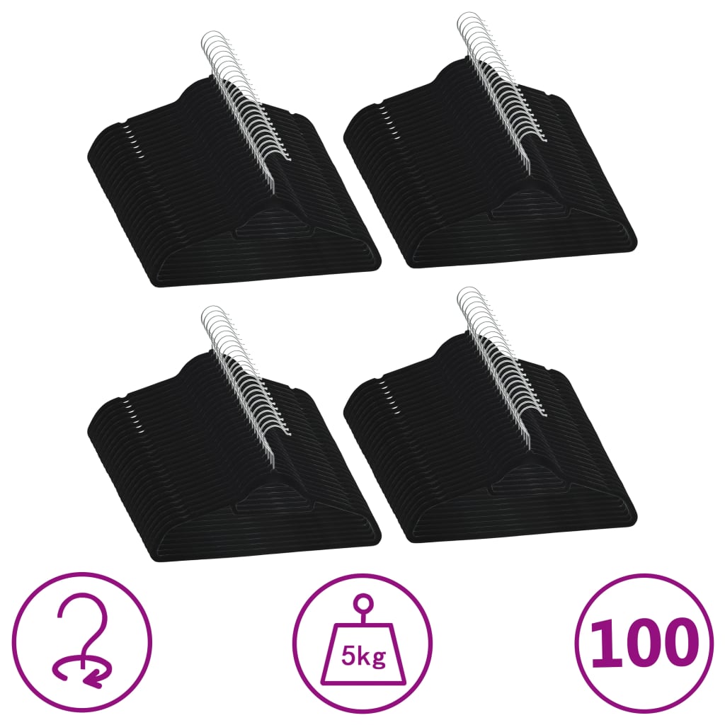 Vidaxl 100 Pcs Clothes Hanger Set. Black Plastic Hangers. Anti-Slip Velvet Coat, Trousers, Sheets Hangers With Rotatable Hook And Large Loading Capacity.