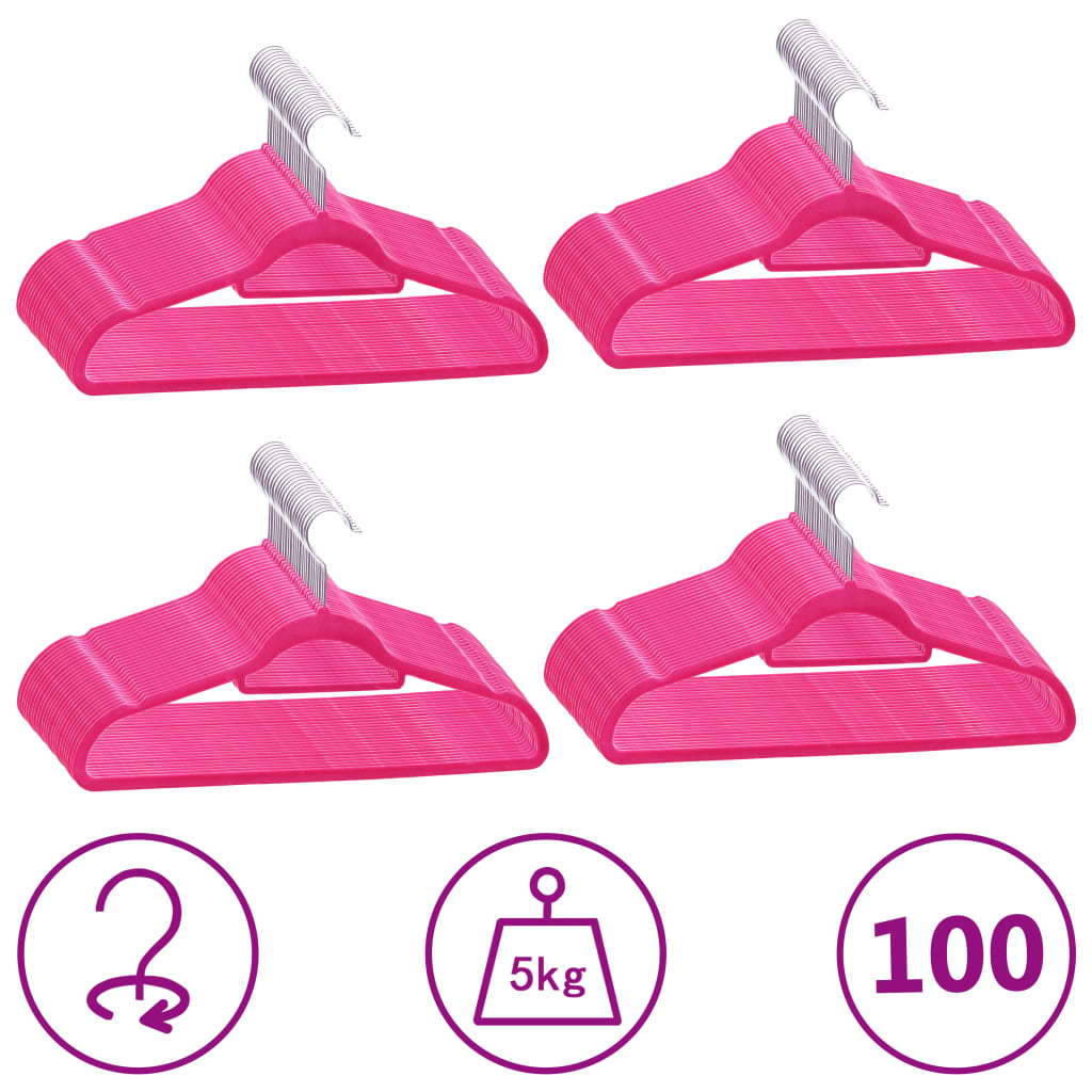 Vidaxl Durable Plastic And Metal Clothes Hanger Set - 100 Pcs - Anti-Slip Pink Velvet With 360-Degree Rotating Hook