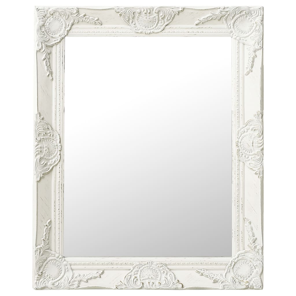 Vidaxl White Wall-Mounted Mirror With Decorative Baroque Style Frame, Wood-Glass Construction, Rectangular Shape - Ideal For Bathroom, Dressing Room, Hallway.