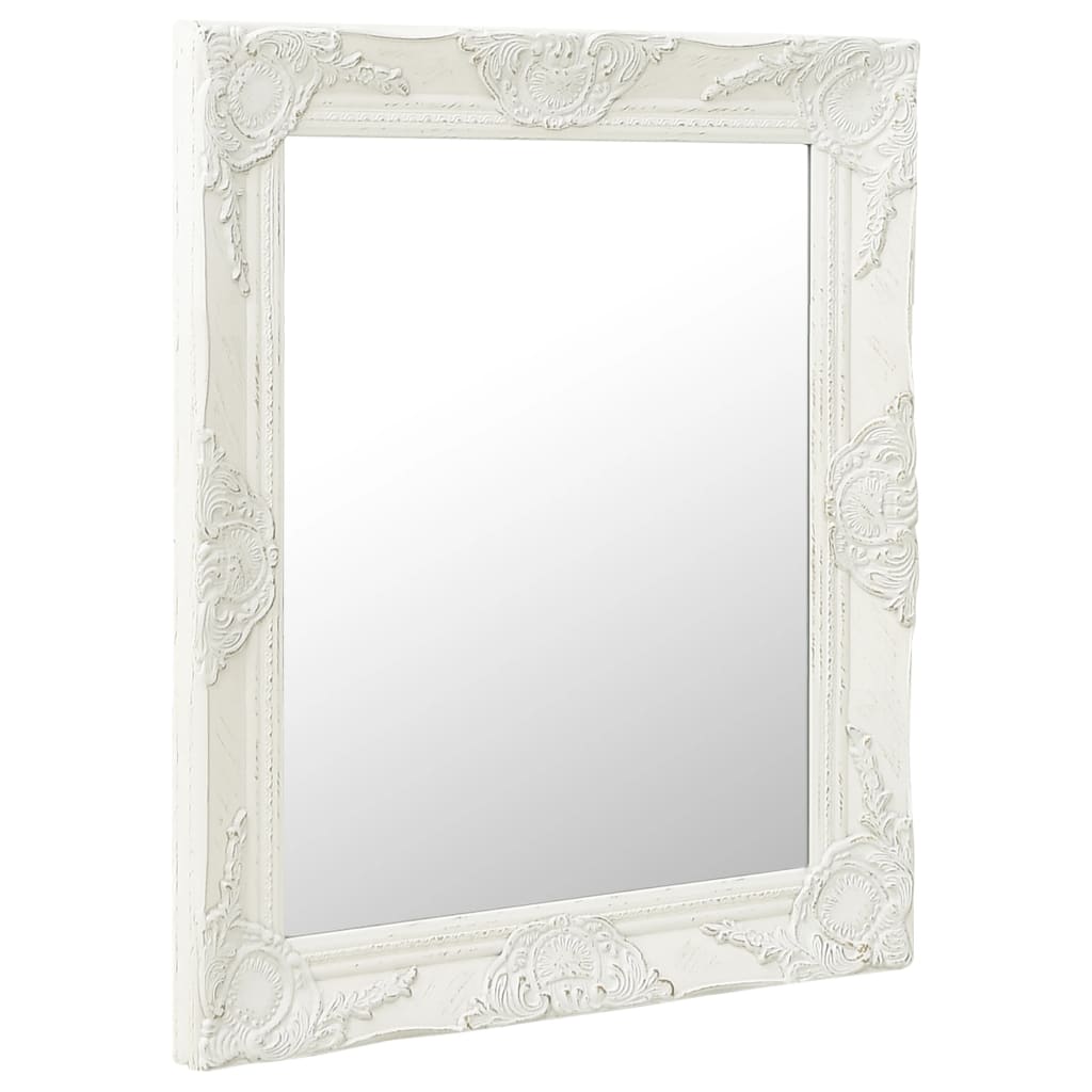 Vidaxl White Wall-Mounted Mirror With Decorative Baroque Style Frame, Wood-Glass Construction, Rectangular Shape - Ideal For Bathroom, Dressing Room, Hallway.