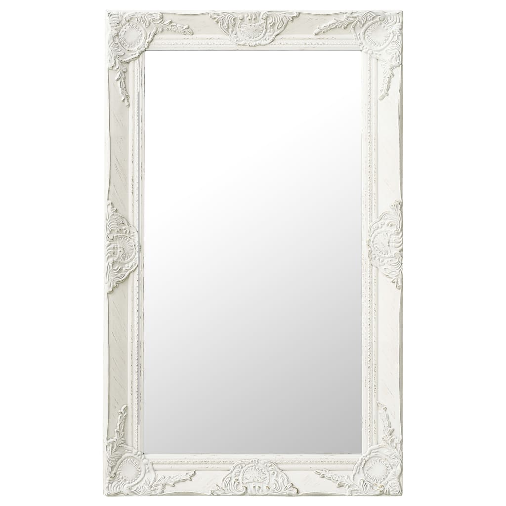 Vidaxl White Wall Mirror – Decorative Baroque Style Wooden Mirror – 19.7&quot; X 31.5&quot; Rectangle Shaped Antique-Look Wall-Mounted Mirror With Easy Installation Hooks - Ideal For Dressing Room And Bathroom.