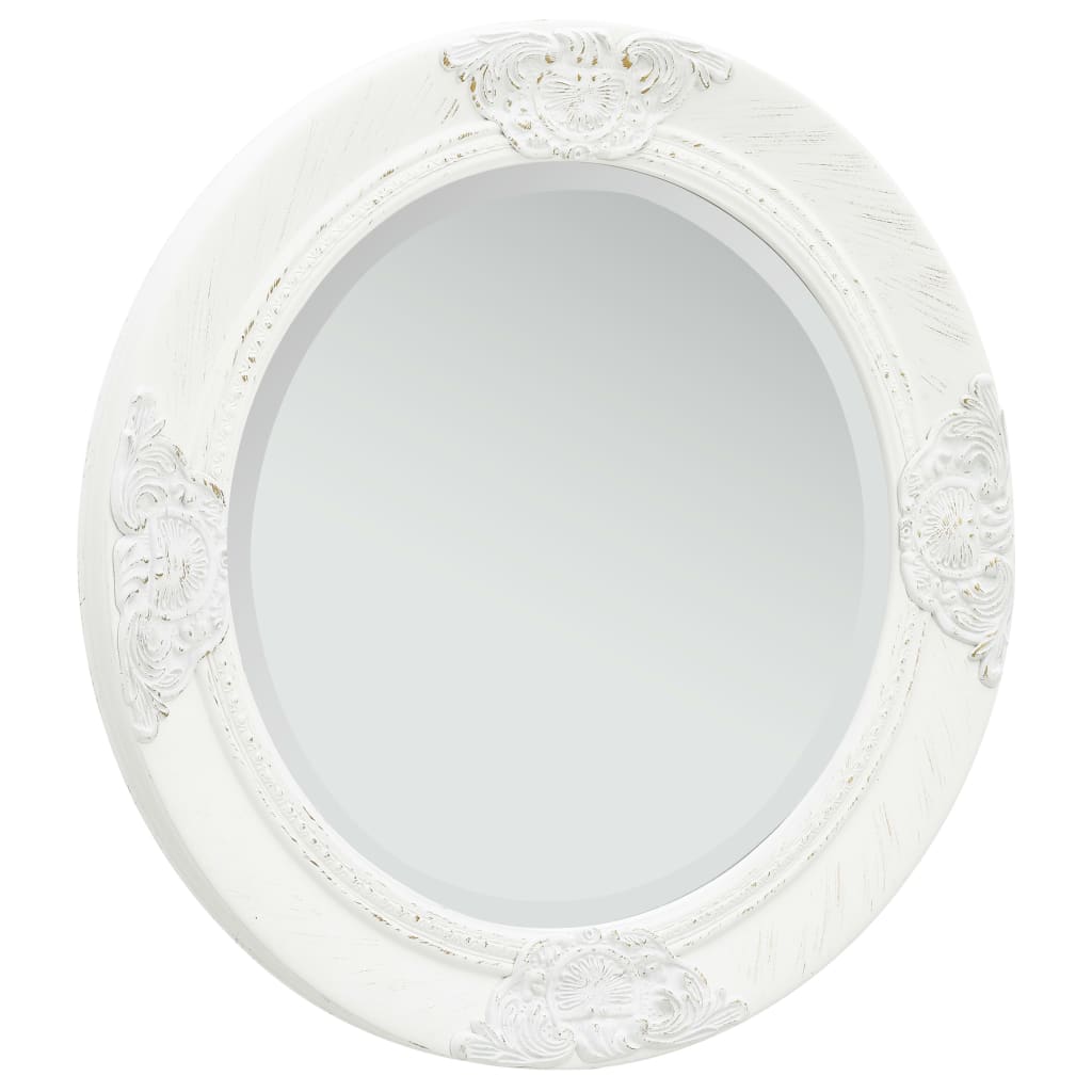 Vidaxl Elegant Round Wall Mirror In White - 19.7&quot; Diameter - Baroque Style Frame - Ornate Design Wall Decor - Wood And Glass Construction