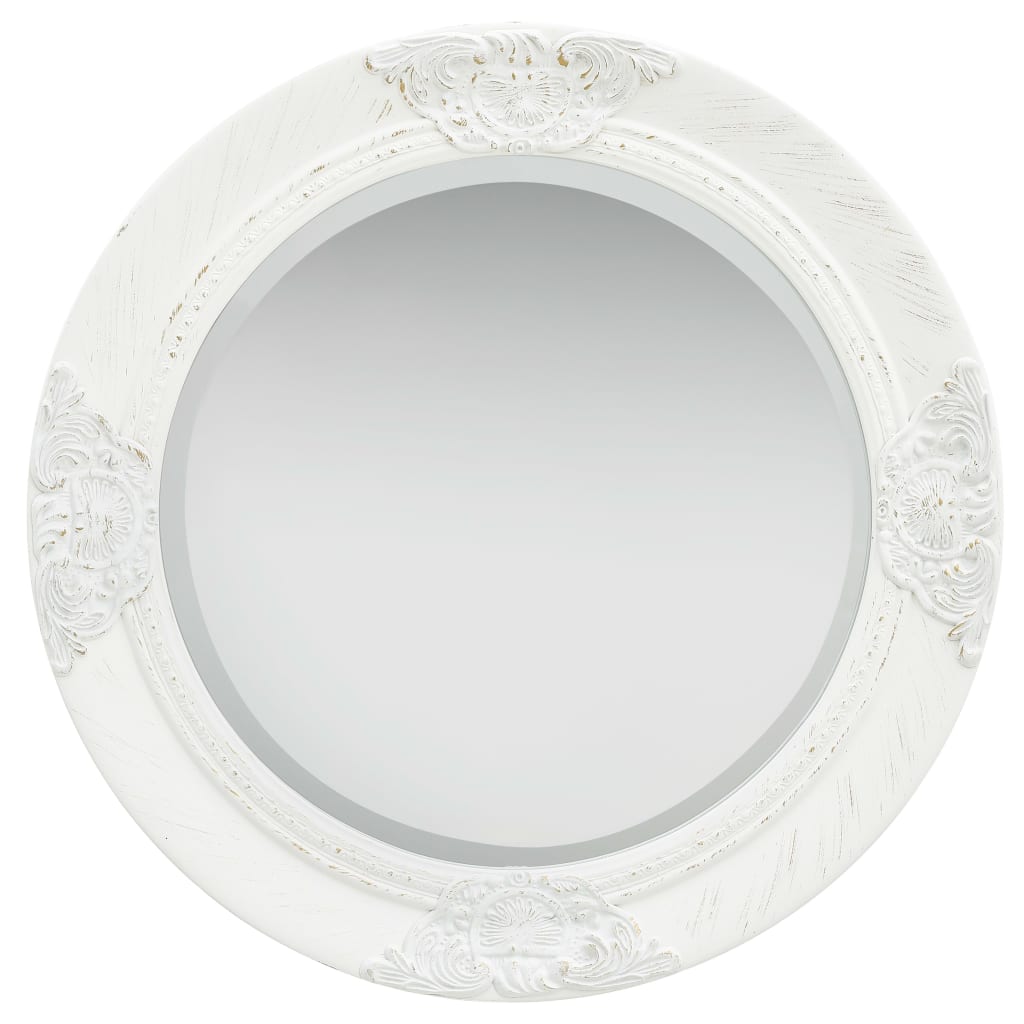 Vidaxl Elegant Round Wall Mirror In White - 19.7&quot; Diameter - Baroque Style Frame - Ornate Design Wall Decor - Wood And Glass Construction