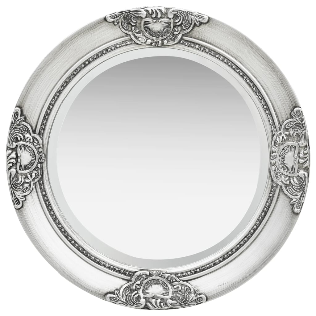 Vidaxl 19.7&quot; Round Wall Mirror With Baroque Style Wooden Frame, Silver - Antique-Look Bathroom/Dressing Room Decorative Mirror, Easy-To-Mount