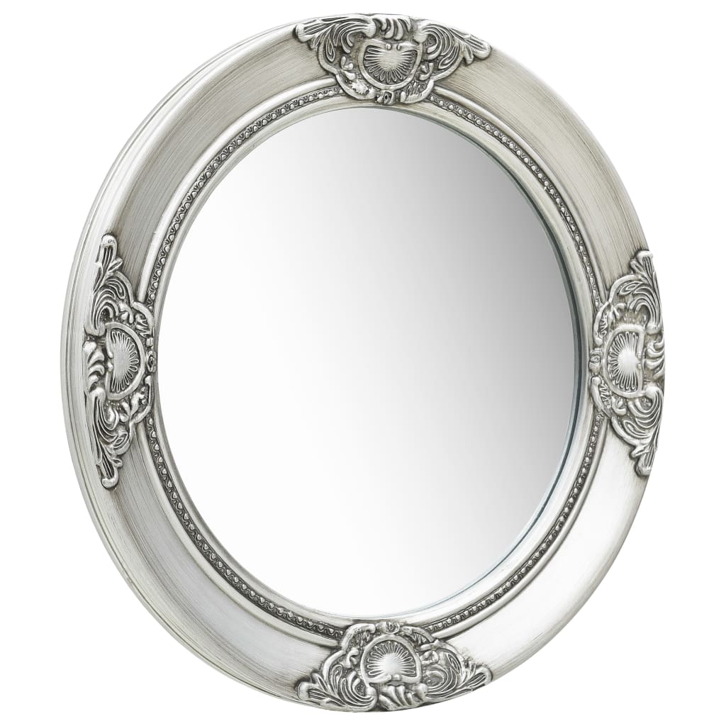 Vidaxl 19.7&quot; Round Wall Mirror With Baroque Style Wooden Frame, Silver - Antique-Look Bathroom/Dressing Room Decorative Mirror, Easy-To-Mount