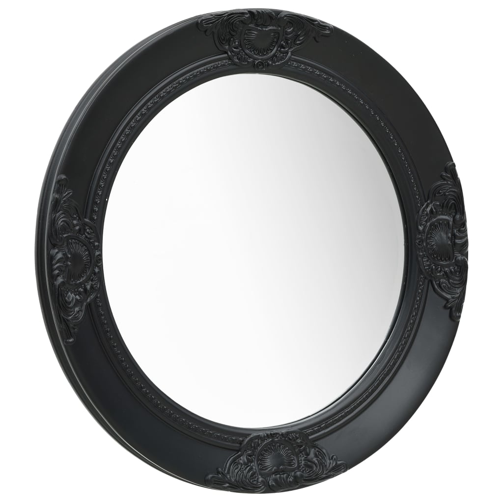 Vidaxl Ornate Baroque Style Wall Mirror With Bevelled Edge, Wooden Frame, Round Shape, Included Mounting Hook - 19.7&quot; In Diameter - Black