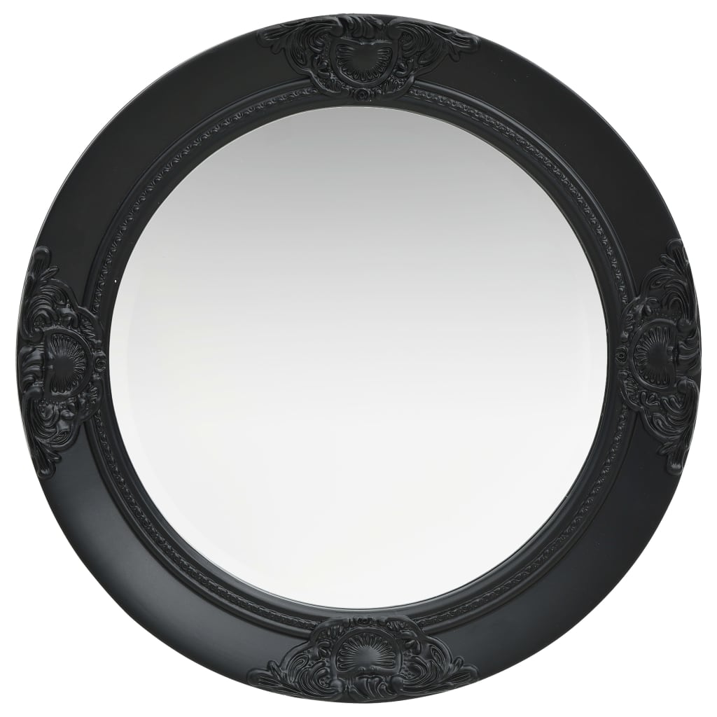 Vidaxl Ornate Baroque Style Wall Mirror With Bevelled Edge, Wooden Frame, Round Shape, Included Mounting Hook - 19.7&quot; In Diameter - Black