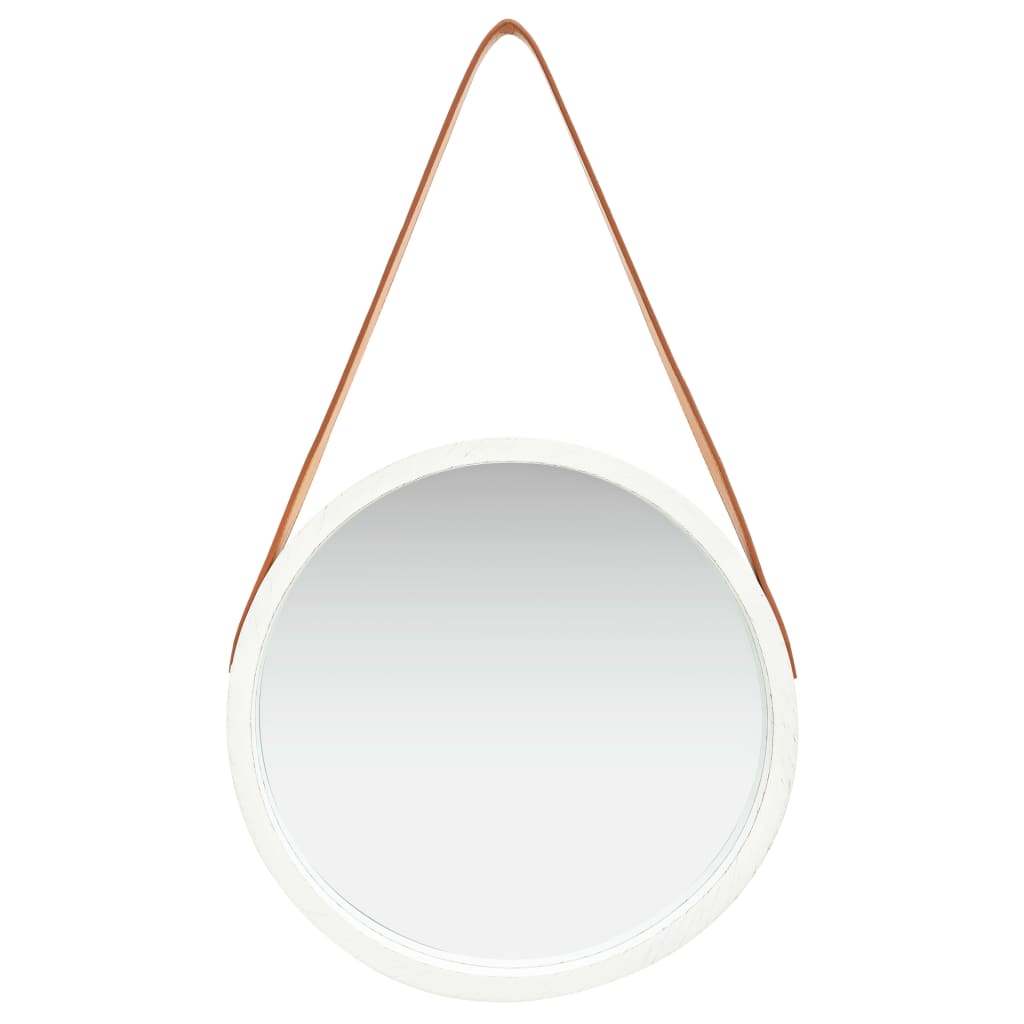 Vidaxl Hanging Wall Mirror With Adjustable Strap, 15.7" Diameter, Faux Leather And Paulonia Wood Material, Retro Round Design In White Color