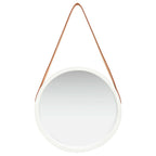 Vidaxl Hanging Wall Mirror With Adjustable Strap, 15.7" Diameter, Faux Leather And Paulonia Wood Material, Retro Round Design In White Color
