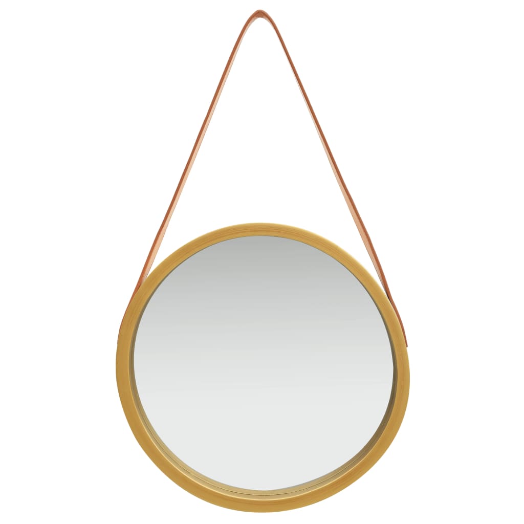 Vidaxl 15.7&quot; Round Wall Mirror With Adjustable Faux Leather Strap - Gold Frame, Paulownia Wood, Perfect For Bathrooms, Bedrooms, And Living Spaces
