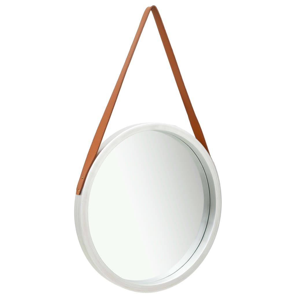 Vidaxl Retro-Styled Wall Mirror With Strap | Large Round 16.7-Inch | Faux Leather Strap & Paulownia Wood Frame | Home Decor For Bathroom, Bedroom, Living Space
