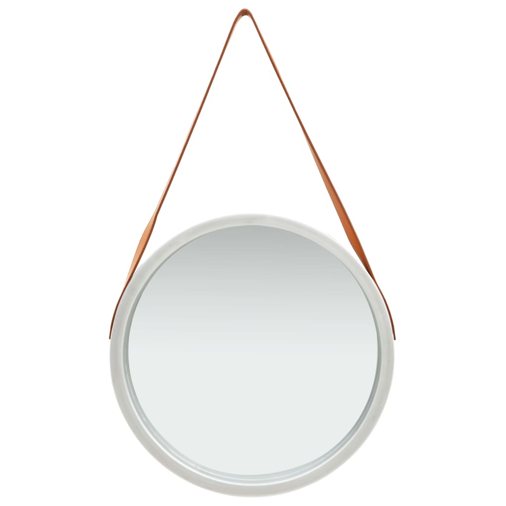 Vidaxl Retro-Styled Wall Mirror With Strap | Large Round 16.7-Inch | Faux Leather Strap & Paulownia Wood Frame | Home Decor For Bathroom, Bedroom, Living Space