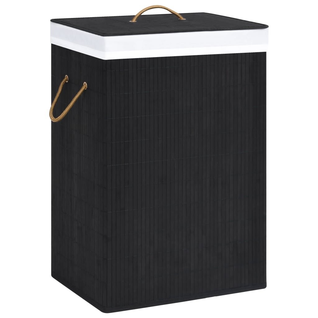 Vidaxl Laundry Basket, 2-Section Laundry Hamper With Lid And Handles, Dirty Clothes Basket With Removable Liner, Laundry Bin, Natural Bamboo Black