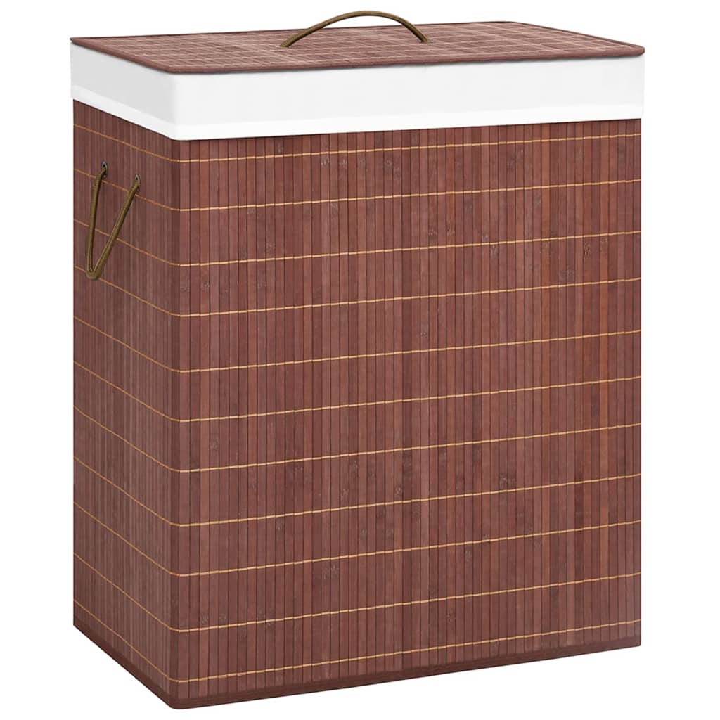 Vidaxl Laundry Basket, 2-Section Laundry Hamper With Lid And Handles, Dirty Clothes Basket With Removable Liner, Laundry Bin, Natural Bamboo Brown