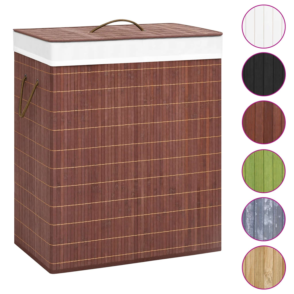 Vidaxl Laundry Basket, 2-Section Laundry Hamper With Lid And Handles, Dirty Clothes Basket With Removable Liner, Laundry Bin, Natural Bamboo Brown