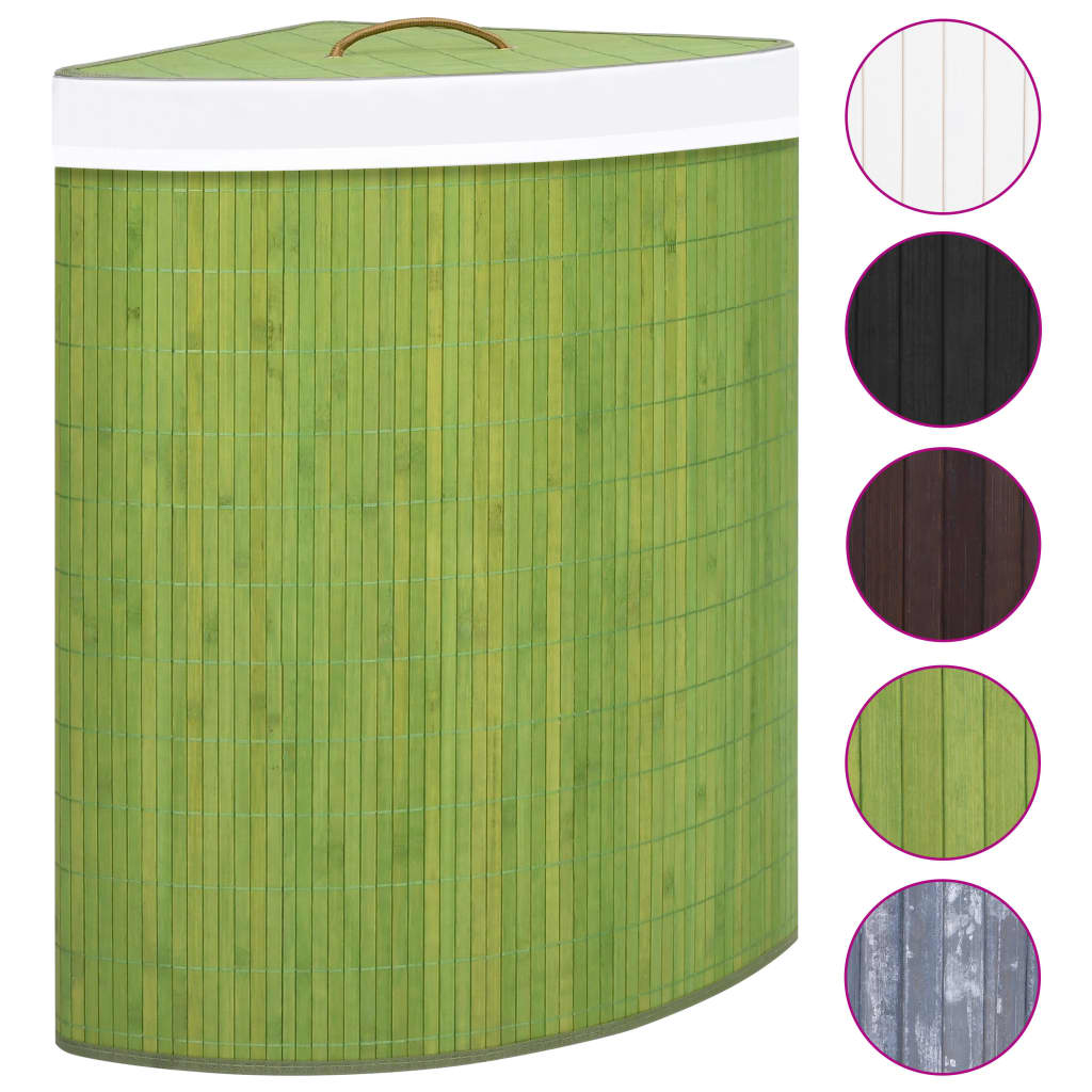 Vidaxl Green Bamboo Corner Laundry Basket - Removable Woven Fabric Liner, Durable & Eco-Friendly, Versatile Storage Solution, Portable & Foldable Design, Aesthetic Addition To Home Decor
