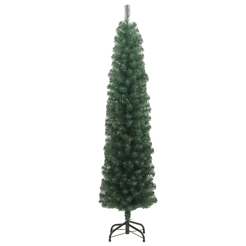 Vidaxl Slim Artificial Christmas Tree With Steel Stand, 8Ft Lifelike Green Pvc, Full-Bodied Indoor/Outdoor Holiday Decor, Easy Assembly, Without Ornaments/Lights