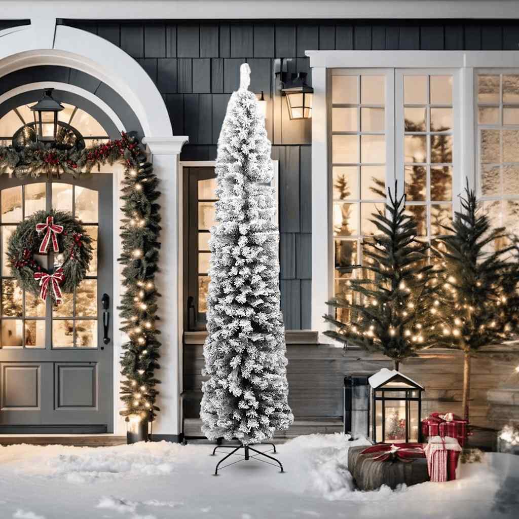 Vidaxl Slim Artificial 7Ft Christmas Tree With Flocked Snow - Green Pvc Indoor And Outdoor Festive Decoration - Easy Assembly With Stand