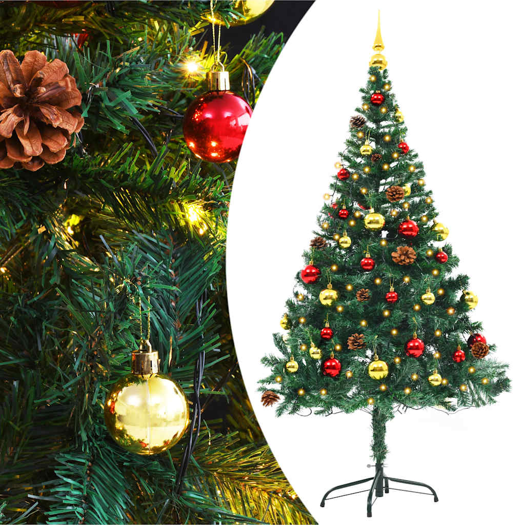 Vidaxl Artificial Pre-Lit Christmas Tree With Baubles & Led Lights, 5Ft Lifelike Green Pvc, Energy-Saving Holiday Decor, Versatile Xmas Decoration For Indoor & Outdoor