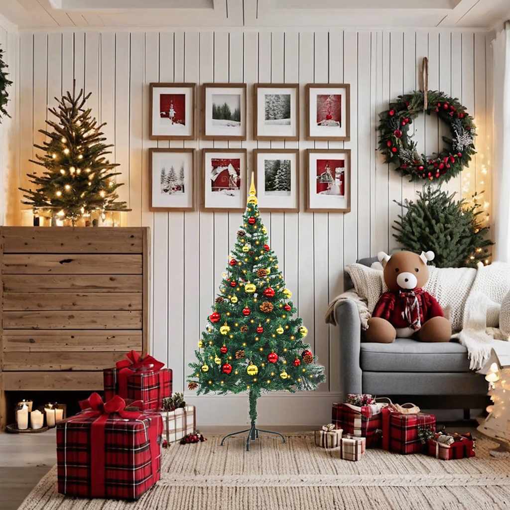Vidaxl Artificial Pre-Lit Christmas Tree With Baubles & Led Lights, 5Ft Lifelike Green Pvc, Energy-Saving Holiday Decor, Versatile Xmas Decoration For Indoor & Outdoor