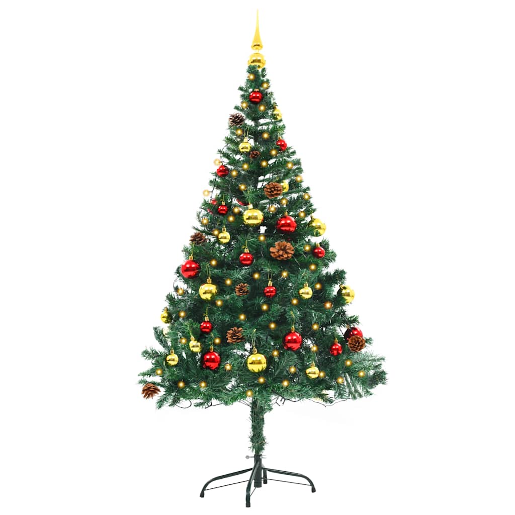 Vidaxl Artificial Pre-Lit Christmas Tree With Baubles & Led Lights, 5Ft Lifelike Green Pvc, Energy-Saving Holiday Decor, Versatile Xmas Decoration For Indoor & Outdoor