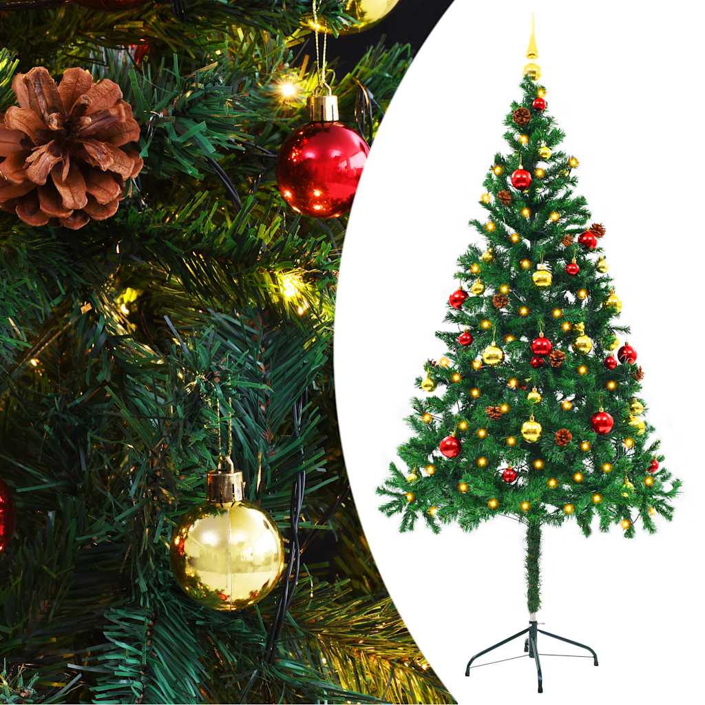 Vidaxl Artificial Pre-Lit Christmas Tree With Baubles & Led Lights, 6Ft Lifelike Green Pvc, Energy-Saving Holiday Decor, Versatile Xmas Decoration For Indoor & Outdoor