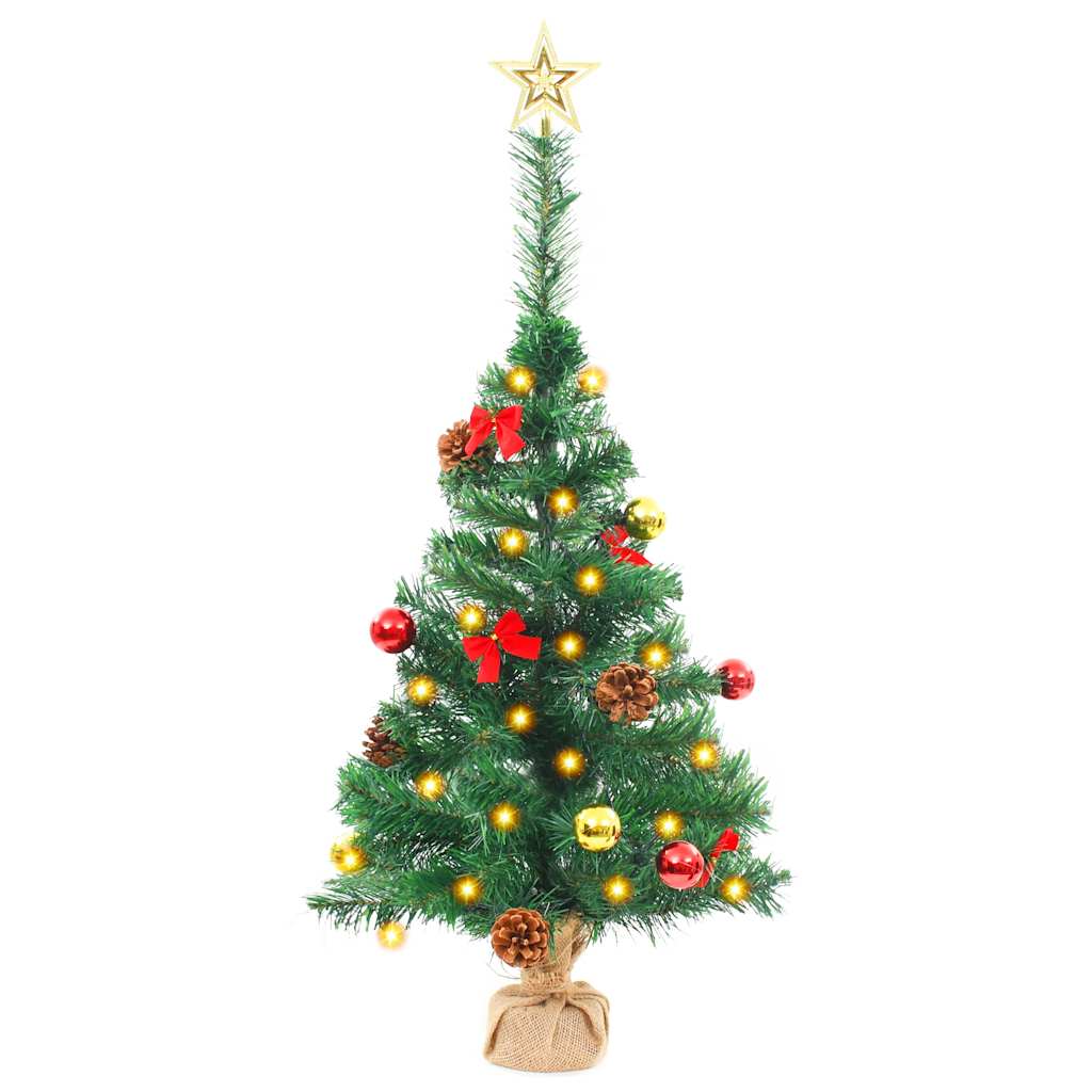 Vidaxl Green Artificial Christmas Tree With Ornaments – Includes 20 Energy-Efficient Led Lights And Wooden Base – Indoor And Outdoor Use – 2 Ft Height