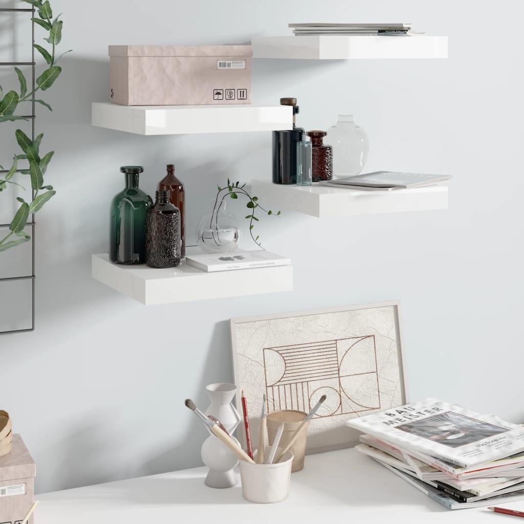 vidaXL Floating Wall Shelves 4 pcs High Gloss White 9.1''x9.3''x1.5'' MDF
