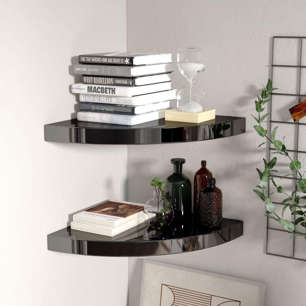 vidaXL Floating Corner Shelves 2 pcs High Gloss Black 13.8''x13.8''x1.5'' MDF
