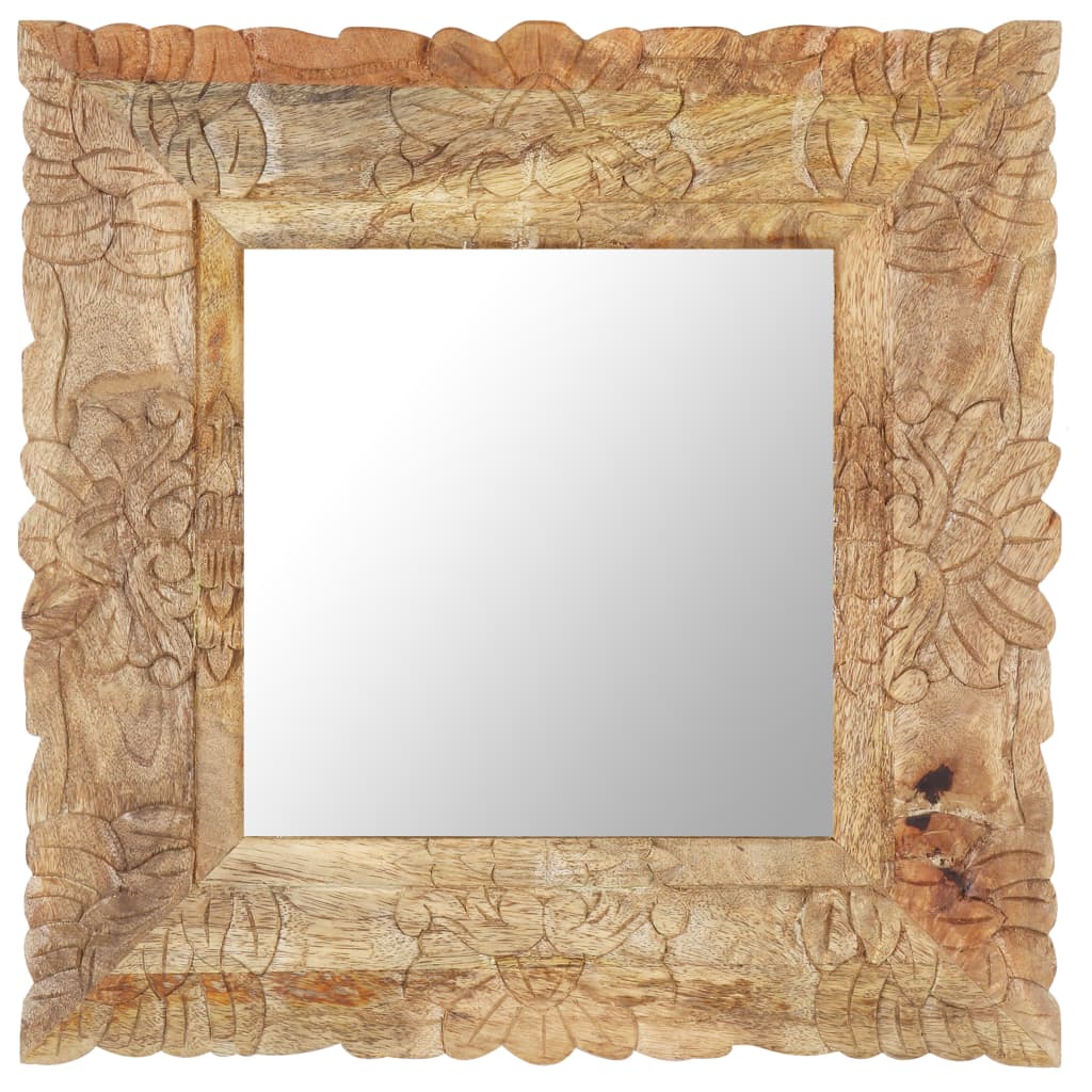 Vidaxl Bohemian Wall-Mounted Mirror - Square Shape In Solid Mango Wood With Hand-Carved Pattern, Natural Wood Finish, 19.7&quot;X19.7&quot;