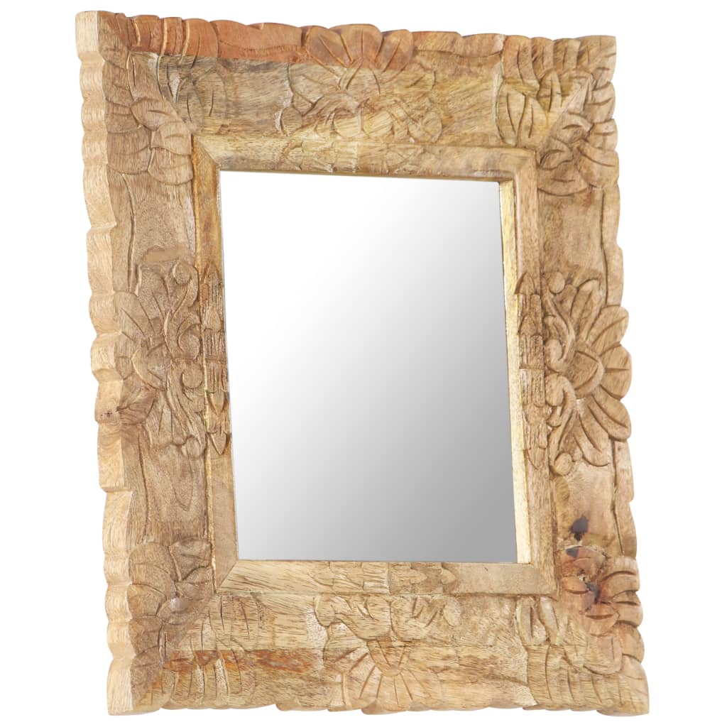 Vidaxl Bohemian Wall-Mounted Mirror - Square Shape In Solid Mango Wood With Hand-Carved Pattern, Natural Wood Finish, 19.7&quot;X19.7&quot;