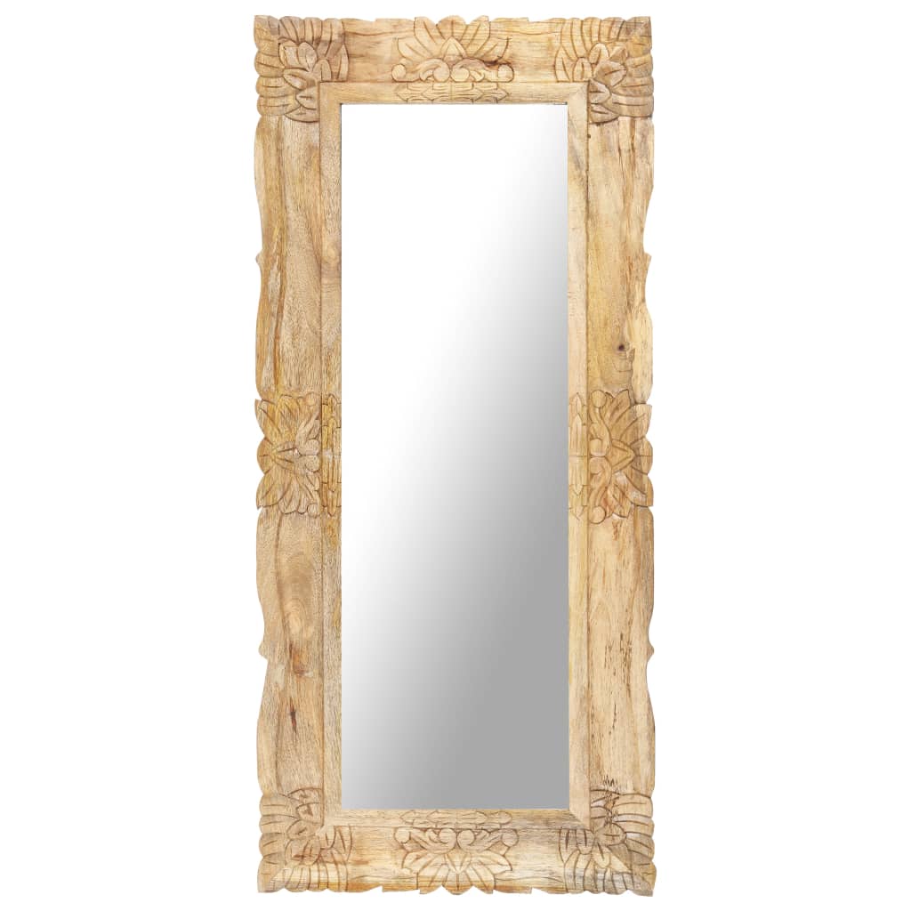 Vidaxl Solid Mango Wood Mirror-Hand Carved Decorative Wall Mirror For Living Room/Bathroom, Natural Brown Rectangular Shape
