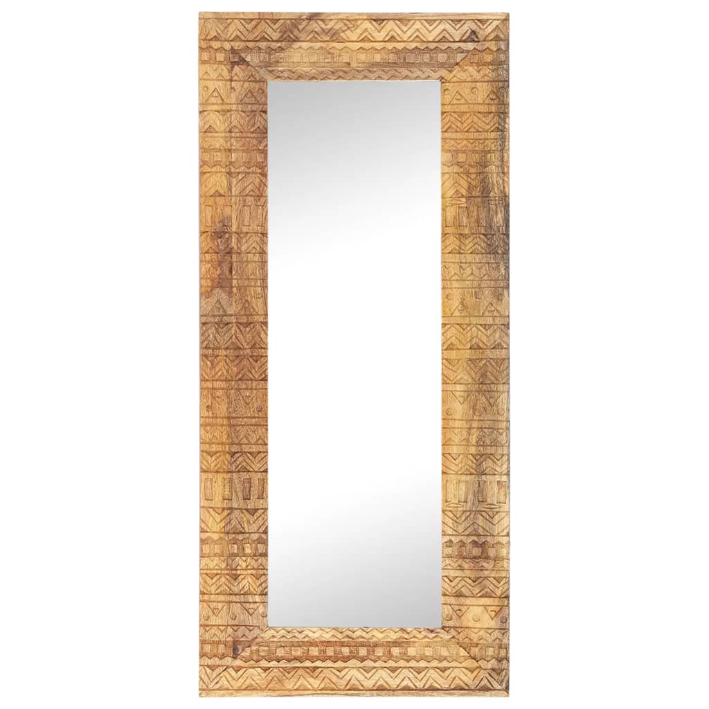 Vidaxl Solid Mango Wood Hand-Carved Rectangular Mirror, Bohemian-Inspired Style, Natural Finish, Wall-Mountable Design, Durable Construction, 43.3 X 19.7 X 4.3 Inches.
