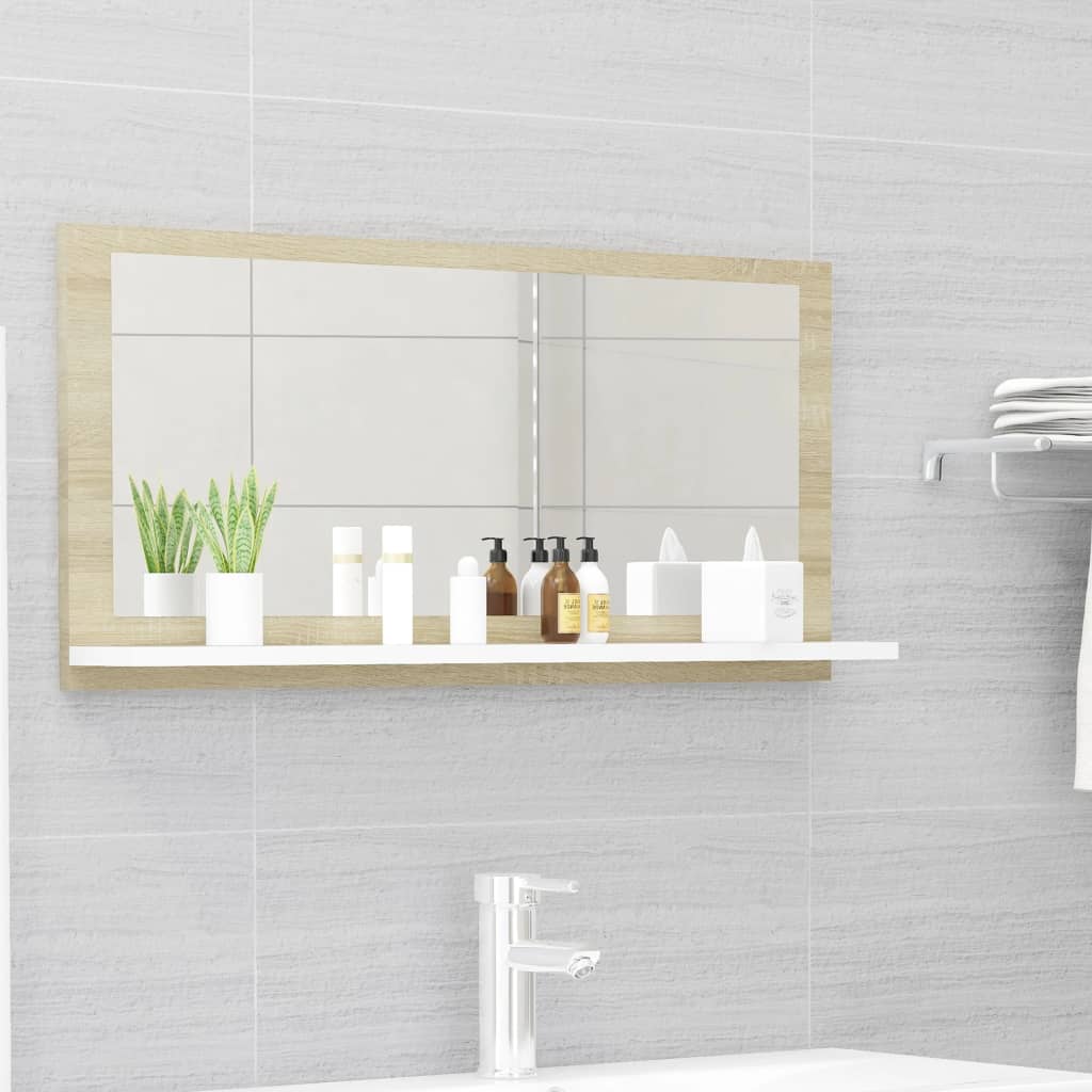 Vidaxl Engineered Wood And Acrylic Bathroom Mirror With Shelf Storage, 31.5&quot;X4.1&quot;X14.6&quot;, White And Sonoma Oak, Modern Style