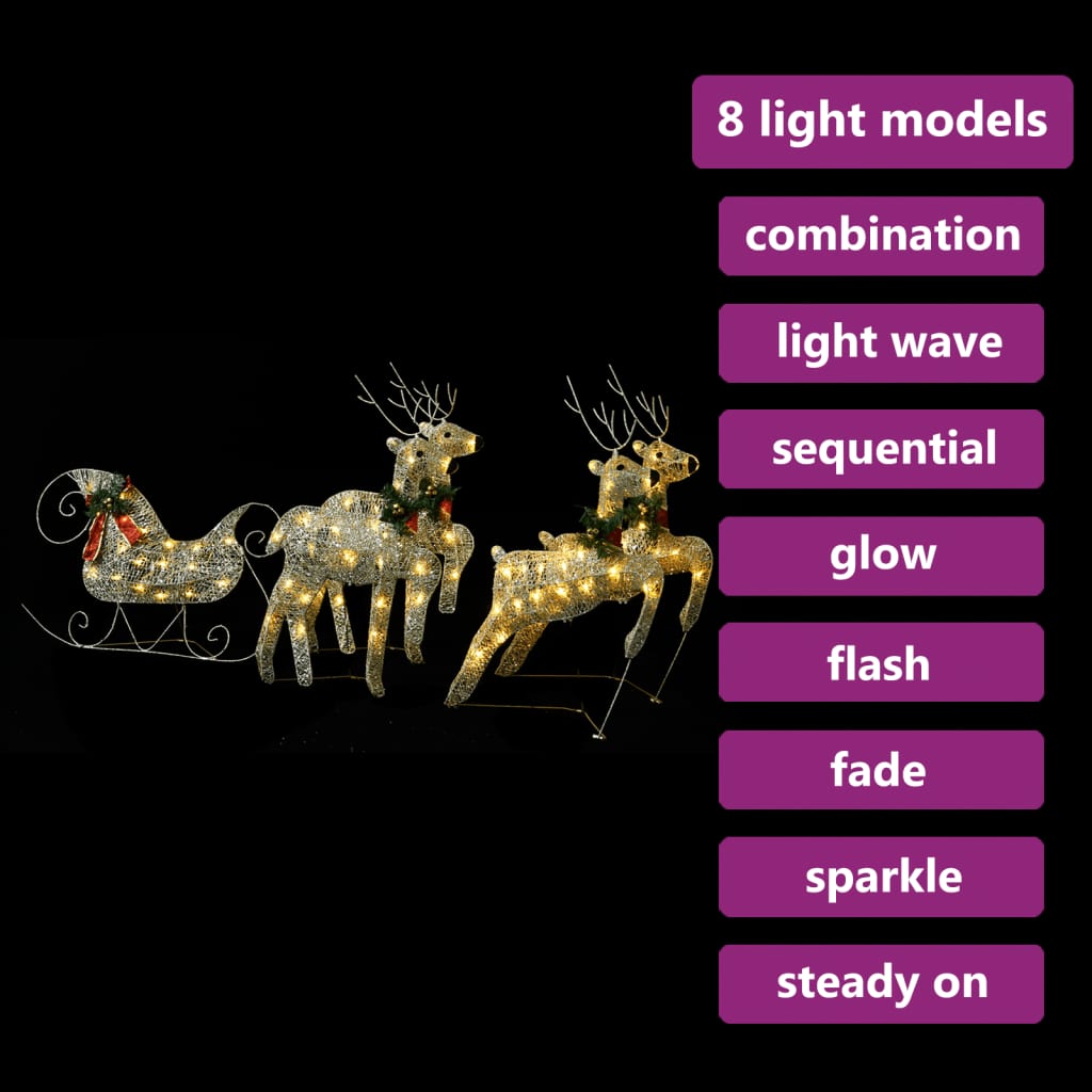 Vidaxl Gold Reindeer And Sleigh Christmas Decoration - 100 Leds, Indoor/Outdoor - All-Weather Mesh, Metal Frame - Multiple Lighting Effects