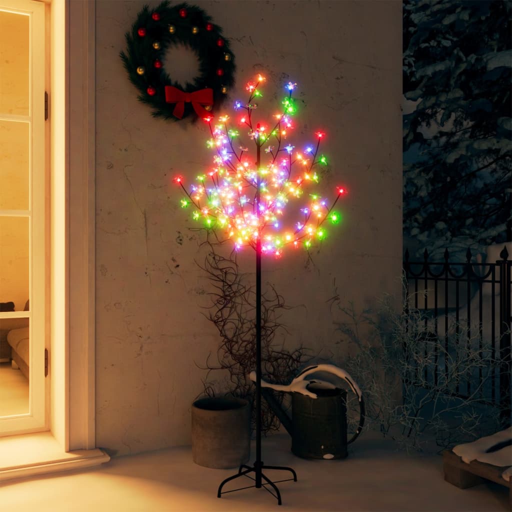 Vidaxl 5Ft Black Artificial Christmas Tree With Colorful Led Lights And Cherry Blossoms, Plastic And Metal Decorative Tree For Indoor And Outdoor Use, Includes 8 Functions Adapter