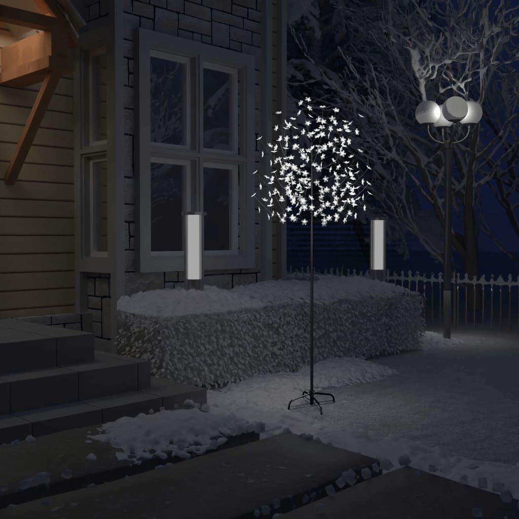 'Vidaxl 7Ft Cherry Blossom Christmas Tree With 220 Cold White Leds, Indoor/Outdoor Use, Dimmable Adapter With 8 Functions, Black Metal Base