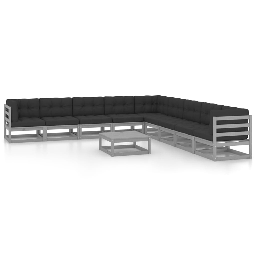 vidaXL 10 Piece Garden Lounge Set with Cushions Grey Solid Pinewood