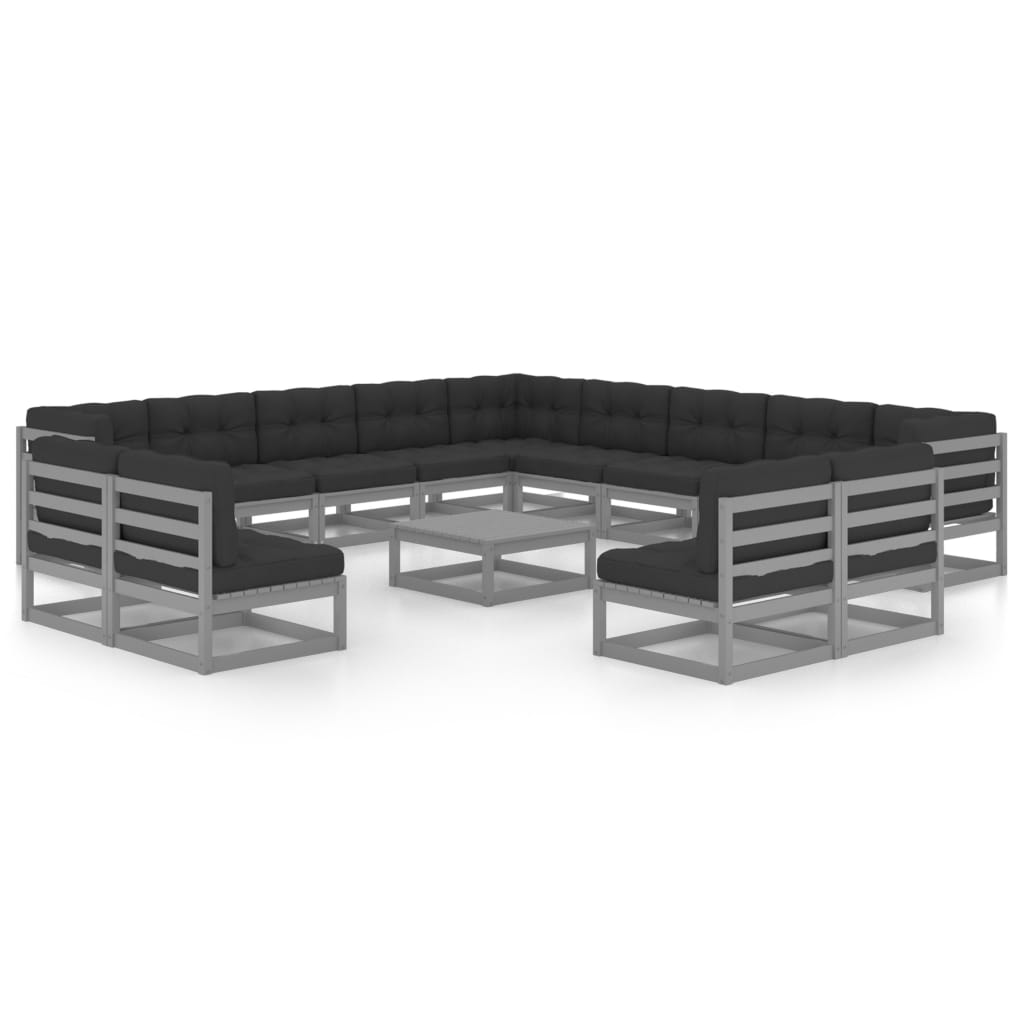 vidaXL 14 Piece Garden Lounge Set With Cushions Grey Solid Pinewood