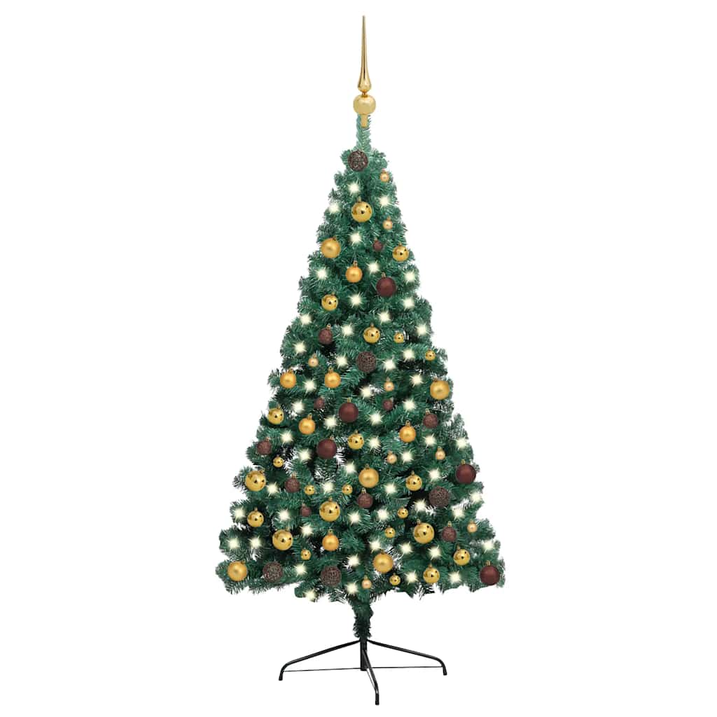 Vidaxl Artificial Half Pre-Lit Christmas Tree With Ball Set - Green, 82.7&quot; Tall, 150 Led Lights, Space-Saving Design, Pvc Material, Steel Stand, Elegant Gold & Bronze Ornaments