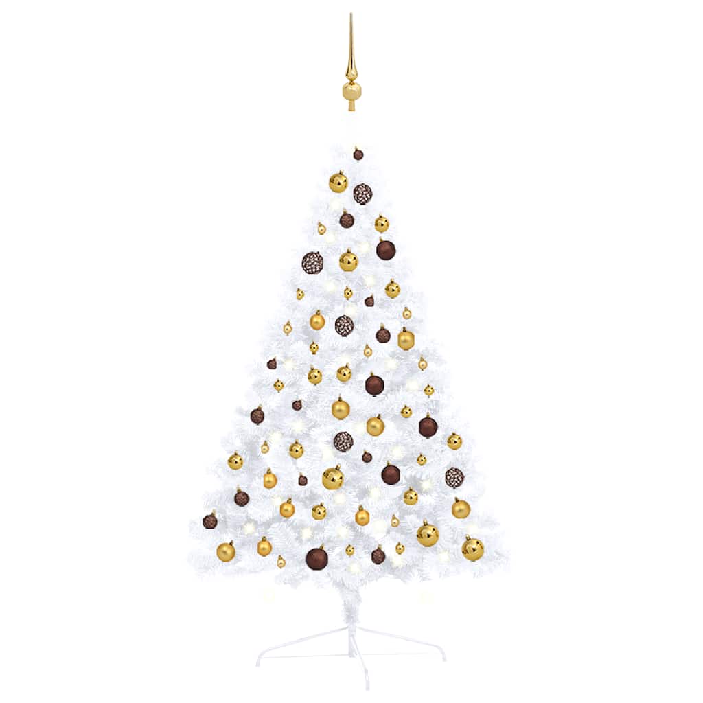 Vidaxl Artificial Half Pre-Lit Christmas Tree With Balls – White Pvc Tree, Space-Saving Design, 47.2&quot; Height, Lifelike Appearance, Led Lights, Complete Xmas Set