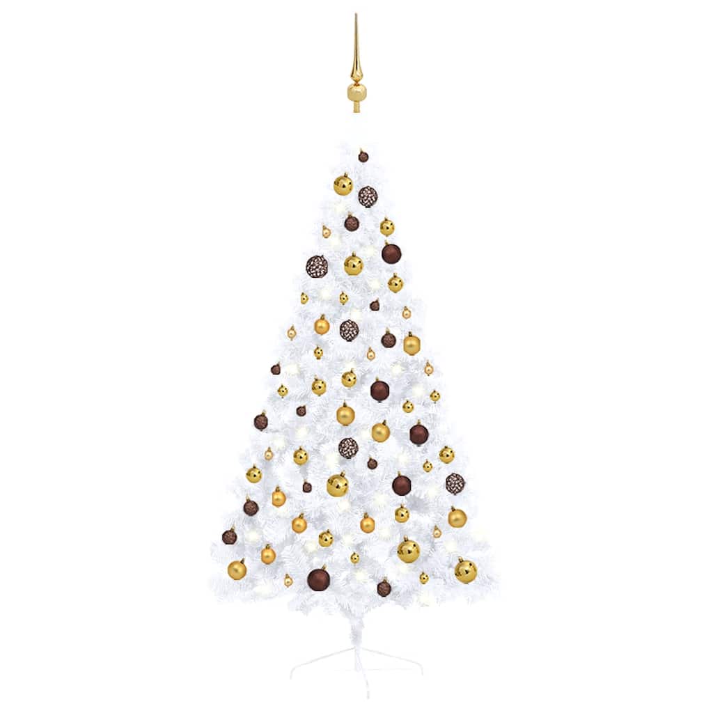 Vidaxl Artificial Half Christmas Tree Pre-Lit With Led Lights And Gold And Bronze Ball Set - 59.1&quot; White Pvc Christmas Tree With Steel Stand