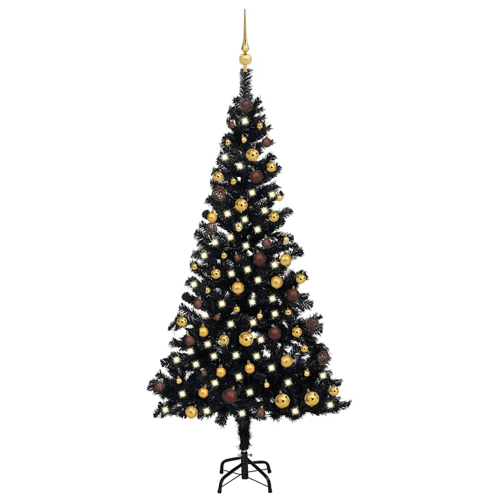 Vidaxl Artificial Black Christmas Tree With Led Lighting And Shiny Gold & Bronze Ball Set - 70.9&quot; High, 36.6&quot; Diameter, Made Of Pvc And Steel, Includes Stand'