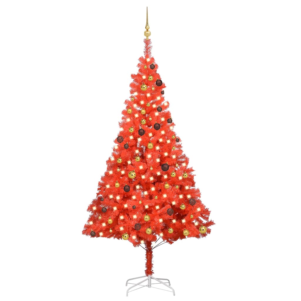 Vidaxl Artificial Christmas Tree With Leds&Decorations | 94.5&quot; Tall Red Pvc Christmas Trees | Lifelike Tree With Metallic Balls | Energy-Efficient Led Lights