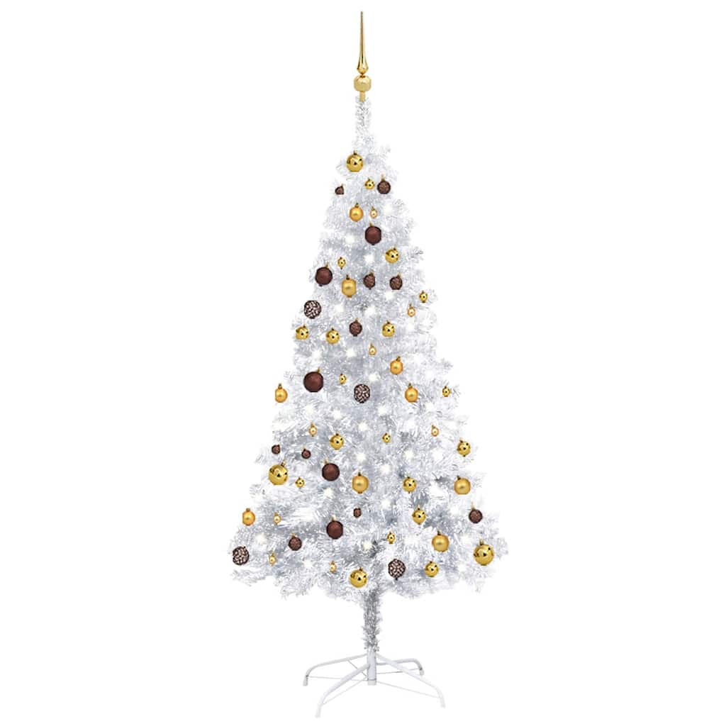 Vidaxl Artificial Christmas Tree Pre-Lit With Led Lights And Decorative Ball Set – Silver Pet Material With Stable Steel Stand – Reusable Indoor Décor – 70.9&quot; Height