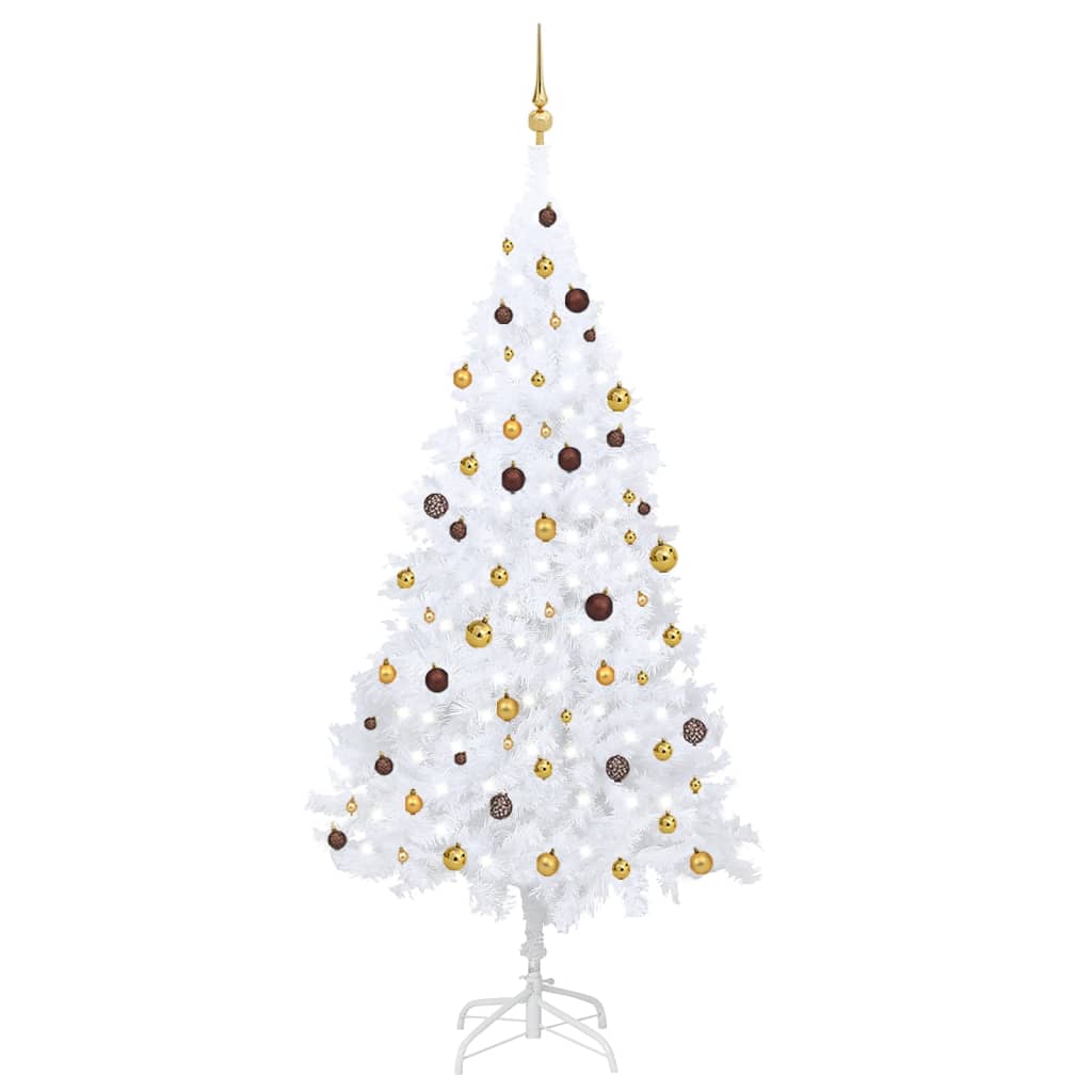 Vidaxl Artificial Christmas Tree – 94.5&quot; White Pvc Tree With Led Lights And Ball Set (Gold & Bronze) – Lush, Full, And Adjustable Branches – Includes Sturdy Metal Stand