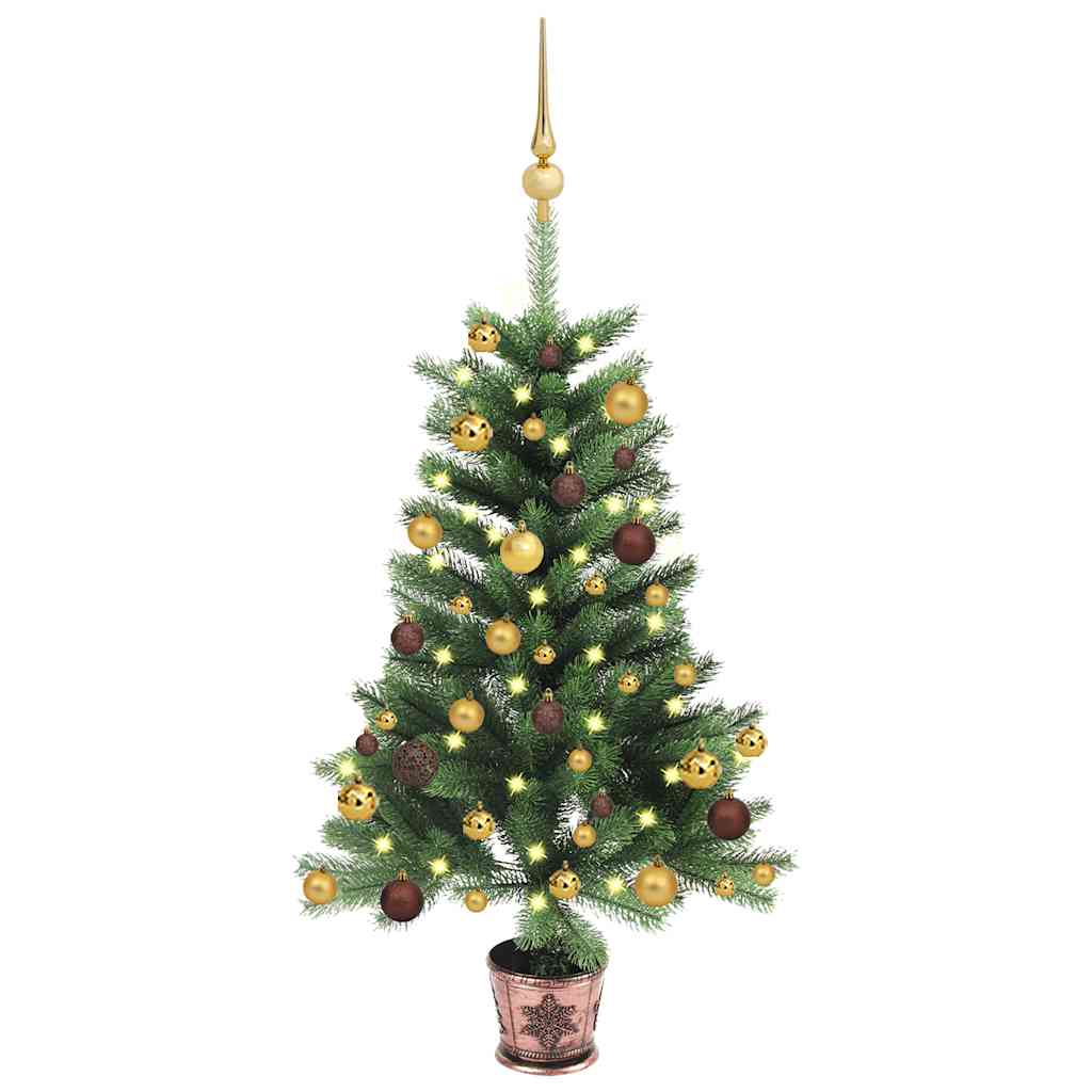 Vidaxl 35.4&quot; Green Artificial Christmas Tree With Leds, Shiny Gold, Matt Gold And Bronze Balls, And Steel Base - Complete Holiday Set For Indoor/Outdoor Use